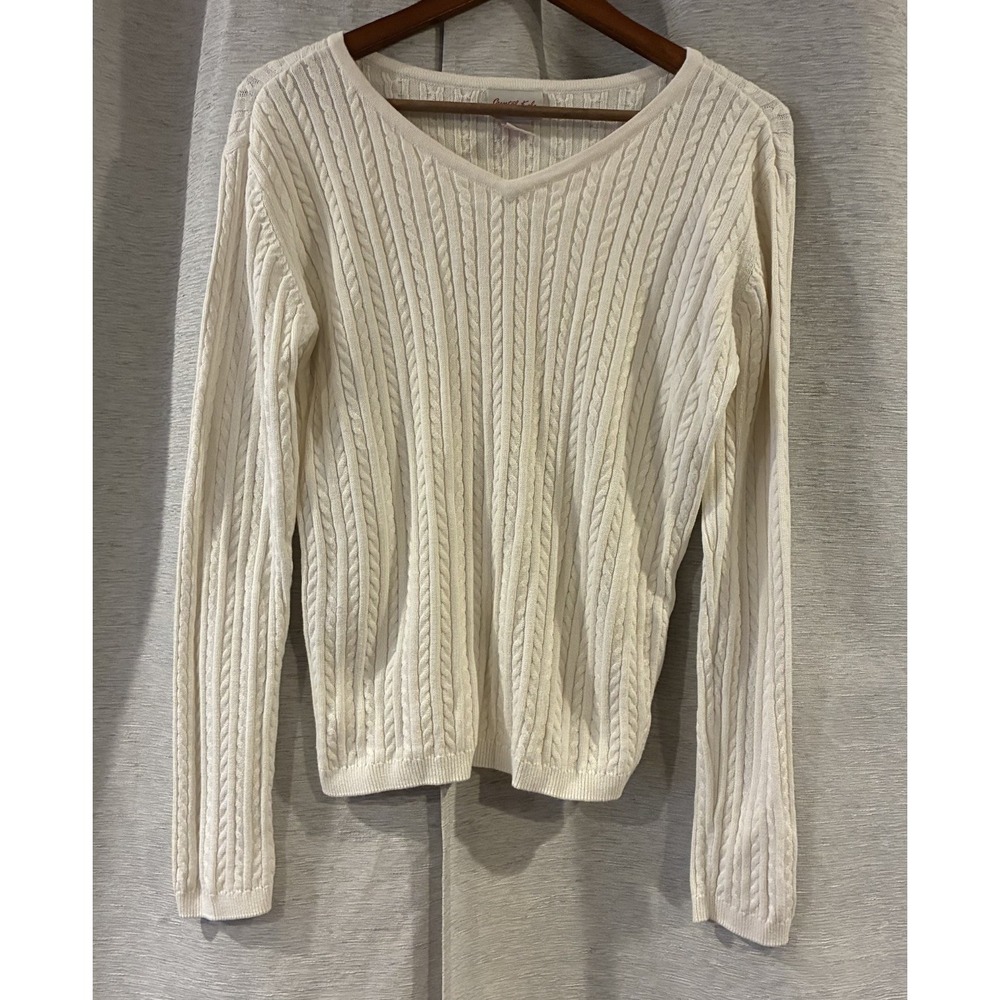 Crystal Kobe White V Neck Knit Sweater Long Sleeve Y2K Cotton Small